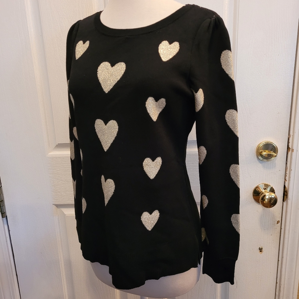 INC international concepts Sweater Black Gold Shimmer Hearts Medium Party